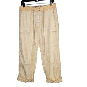 Anthropologie Hei Hei Linen-Blend Wide-Leg Pants Yellow Floral Accents 27 Lace‎